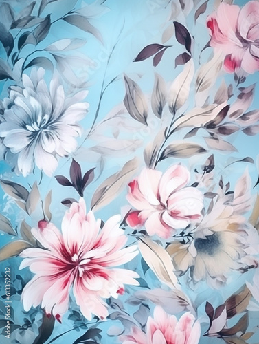Illustration of pink and white flowers on blue background. Created with Generative AI technology