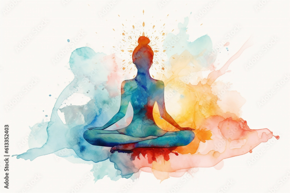 Silhouette of person in yoga lotus position in watercolor style. Created with Generative AI technology Silhouette of person in yoga lotus position in watercolor style. Created with Generative AI technology