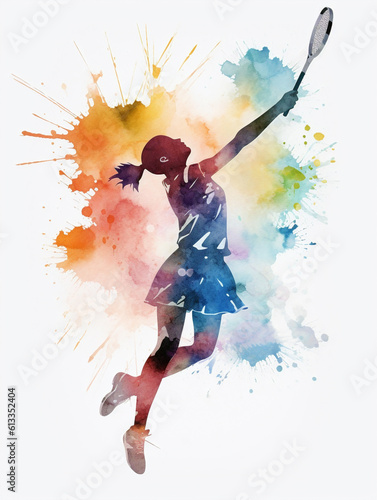 Silhouette of female tennis player serving in watercolor style. Created with Generative AI technology