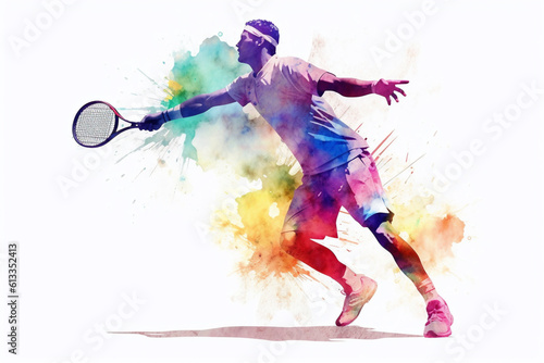 Watercolor man playing tennis on white background. Created with Generative AI technology