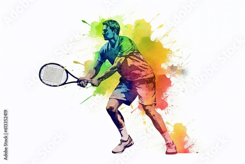 Watercolor man holding tennis racquet with both hands on white background. Created with Generative AI technology