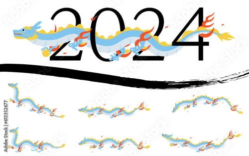 2024年辰年、数字とかわいい辰（龍、竜、ドラゴン）のポーズセット、年賀はがき素材