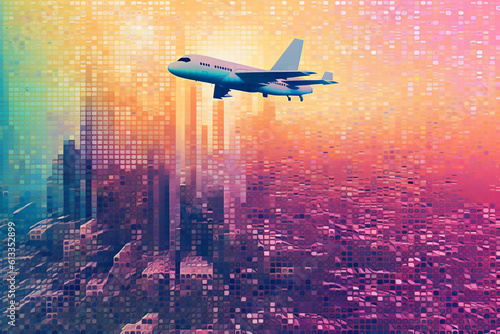 Generative AI - Pixelate buildings and world combined with airplane