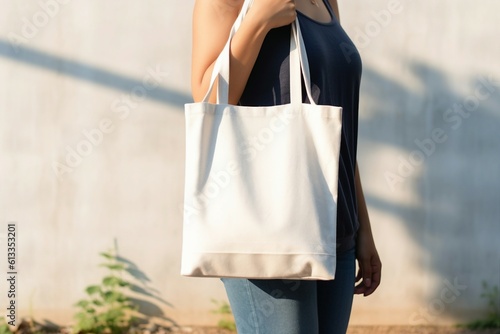 a young girl wearing black holding blank white tote bag in a sunny day, mockup design, Generative AI