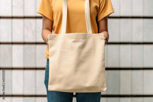 young woman wearing yellow t shirt holding eco friendly blank tote bag, mockup design, Generative AI