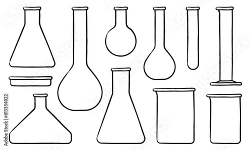 Set of laboratory glassware: volumetric flask, Erlenmeyer flask, round-bottom flask, Fernbach flask, Petri dish, test tube, graduated cylinder, and beaker