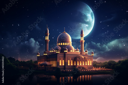Beautiful Mosque Worship Place Islamic Muslim Religion with Pond Lake at Night Moonlight
