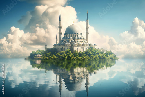 Turkish Mosque Worship Place Islam Muslim Religion Floating on Island on a Bright Day