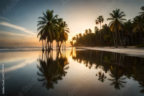 Silhouetted Palm Trees Reflected in a Calm Sunset Lagoon 