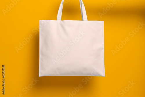 Hand holding a blank white tote bag mockup isolated on yellow background, eco cotton bag. Generative AI