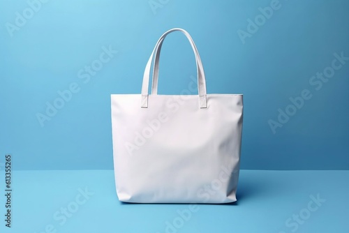 Blank white tote bag mockup isolated on blue background, eco cotton bag. Generative AI