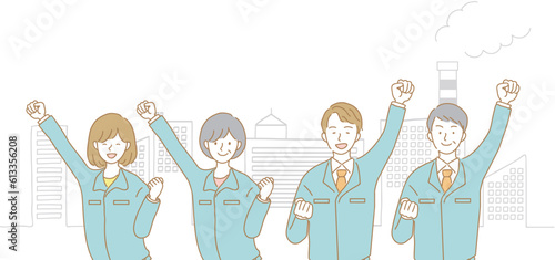 喜ぶ作業着の男女のイラスト