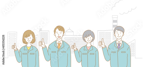親指を立てる作業着の男女のイラスト
