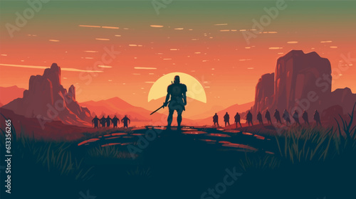 Vector illustration of ancient Roman legions marching in the meadow, with their leader standing in front