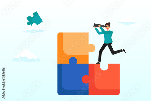 Businessman standing on uncompleted jigsaw looking for missing piece, finding solution or search for last missing piece to finish or complete work, leadership mission or business difficulty (Vector)