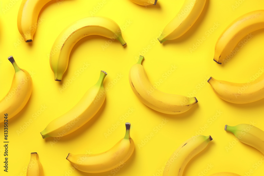 Pattern of ripe yellow bananas on a trendy yellow background. Summer freshness. Ai generative Pattern of ripe yellow bananas on a trendy yellow background. Summer freshness. Ai generative