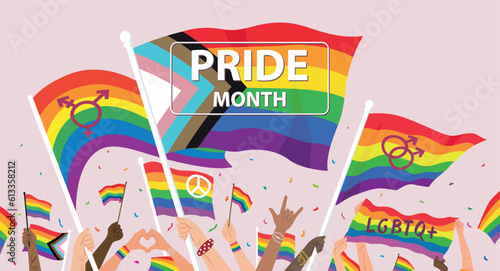 People hold hands up Celebrates LGBT pride month. Illustration, Poster, Vector , Background or wallpaper.   