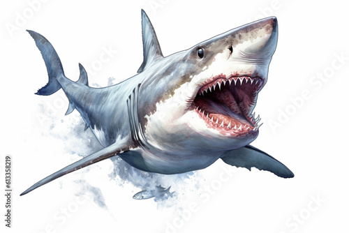 Ferocious white shark on a white background. generative AI