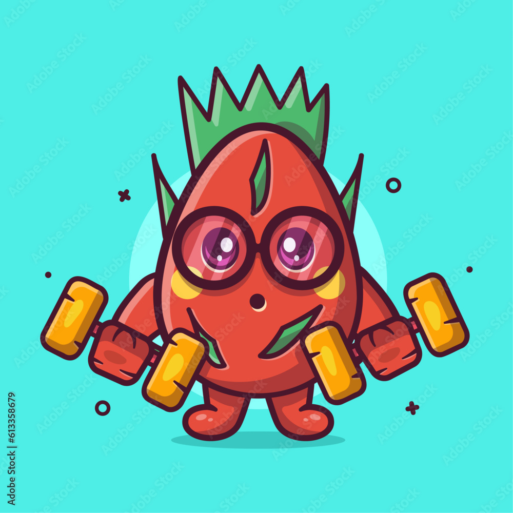 cute dragon fruit character mascot doing bodybuilding using dumbbell isolated cartoon in flat style design