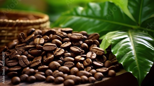 Coffee beans on coffee green leaves on wooden background fresh coffee beans on wooden background Generative AI