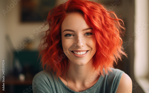 Young adult woman portrait with dyed hair on home background. Attractive and charming woman with colorful hair. Generative AI