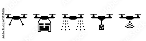 Drone solid monochrome icon set. Delivery, spraying, video shooting, wireless communication, etc.
