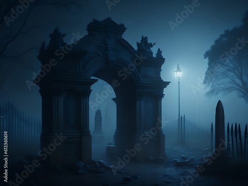 Foggy Pathway Gate to Cemetery at night eerie. Generative Ai