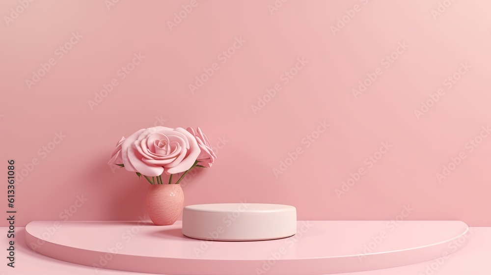 Clean pink minimal podium for product presentation with beautiful fresh roses background. gentle colors. Generative Ai. Clean pink minimal podium for product presentation with beautiful fresh roses background. gentle colors. Generative Ai.
