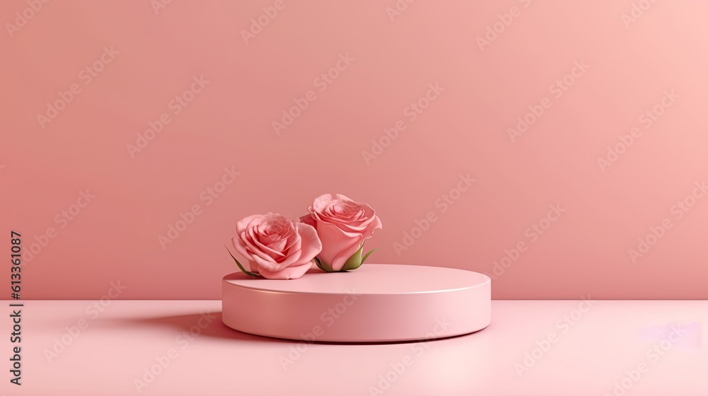 Clean pink minimal podium for product presentation with beautiful fresh roses background. gentle colors. Generative Ai. Clean pink minimal podium for product presentation with beautiful fresh roses background. gentle colors. Generative Ai.
