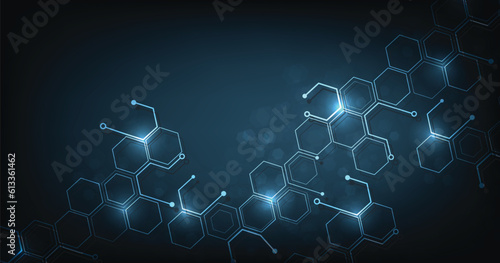 Background of hexagon geometric dark blue pattern bright. healthcare medical and technology background.Graphic digital science concept design.
