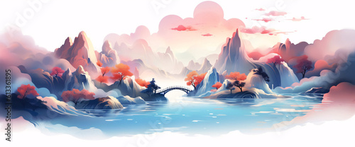 Chinese style landscape illustration  Chinese style freehand ink landscape painting