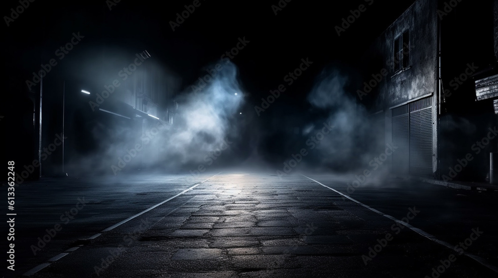 Black background of empty roads, space for movies, spotlights illuminating the asphalt, smoke