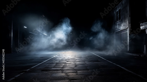 Black background of empty roads  space for movies  spotlights illuminating the asphalt  smoke