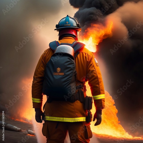 Backshot of a Firefighter fighting fire with huge black smoke. Heroes. Generative AI. AI.