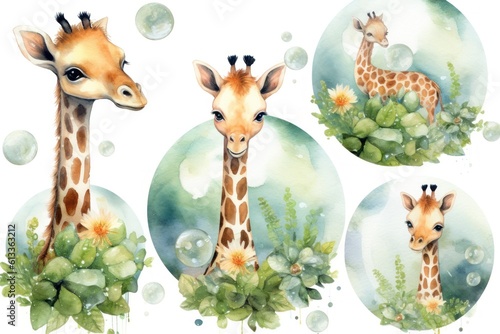 Watercolor style set collection of Cute baby giraffe. White background. Generative AI