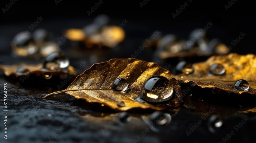 Golden leaves in water drops on a background of polished black stone top view, gold and stone. Generative AI Golden leaves in water drops on a background of polished black stone top view, gold and stone. Generative AI