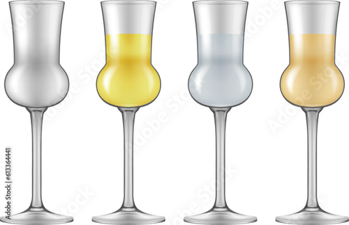 A set of grappa glasses, isolated on white background. Photo- realistic vector illustration.