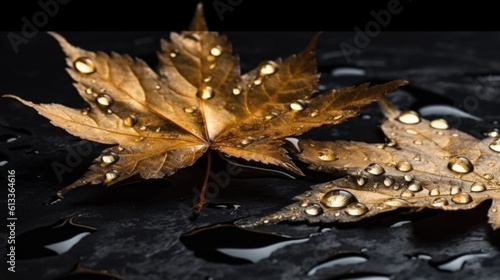 Golden maple leaves in water drops on a background of polished black stone top view, gold and stone. Generative AI