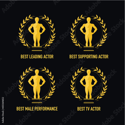 Movie award best film and tv actor nomination and winner  gold vector logo icon set with laurel wreath