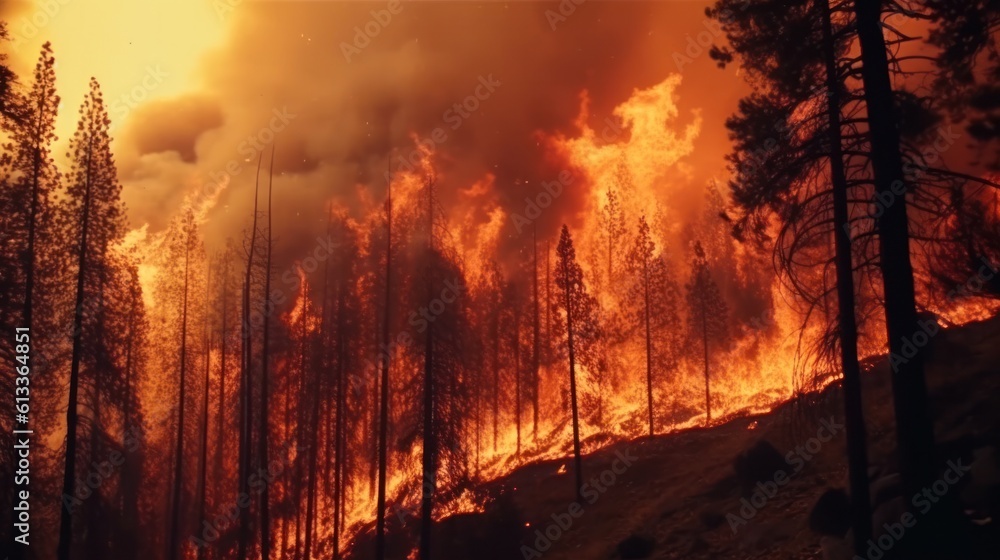 Hot fire burning forest at night, natural disaster. environment concept.Generative AI Hot fire burning forest at night, natural disaster. environment concept.Generative AI