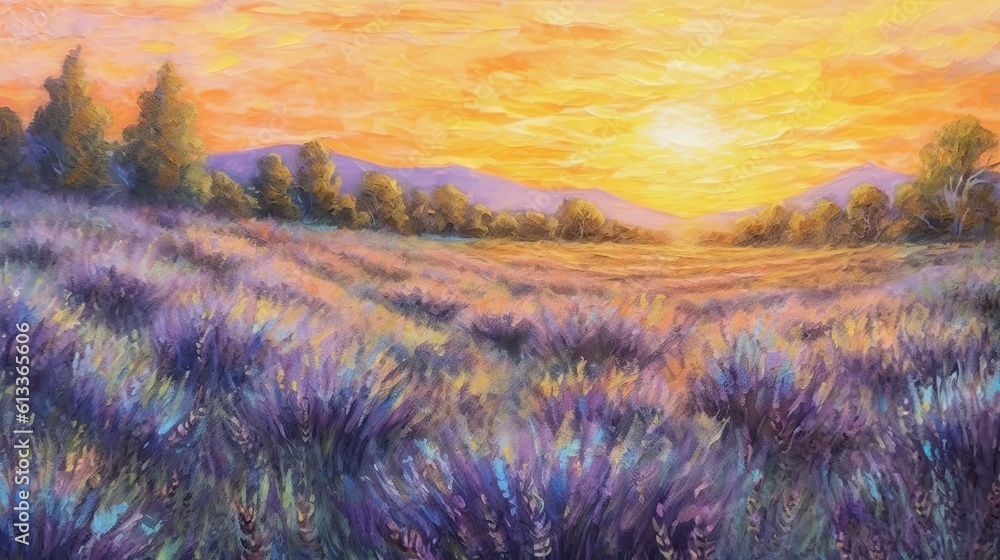oil pastel painting of The depiction of a serene lavender field background. panorama sunlight