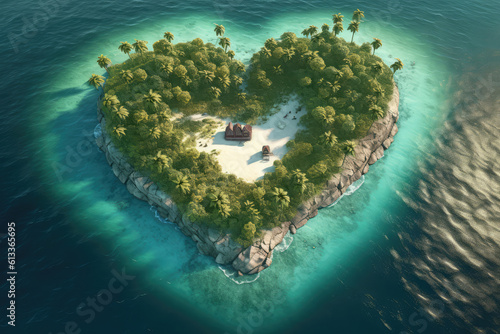 aerial view of an island is in the shape of a heart, generative AI © Kien