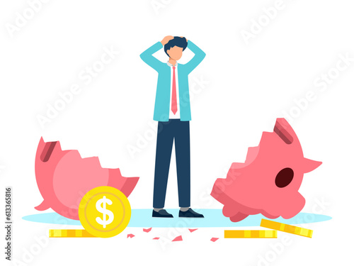 Sad Businessman and Broken Piggy bank and no savings money. No deposit and investment. Need money for the emergency concept. Vector illustration cartoon flat design for background.