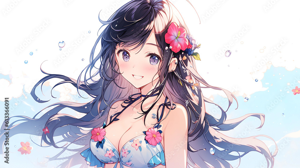 Fototapeta premium hand drawn cartoon anime cool swimsuit girl illustration in summer 