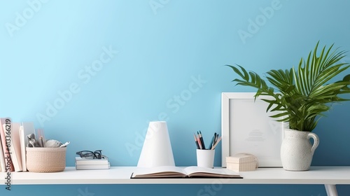 Image of Creative Workspace Desk with office accessories  blank photo frame or poster  book  plant on blue background. Mockup Space  Home Office Desktop Workspace. telephoto lens studio lighting