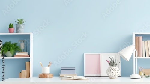 Image of Creative Workspace Desk with office accessories  blank photo frame or poster  book  plant on blue background. Mockup Space  Home Office Desktop Workspace. telephoto lens studio lighting