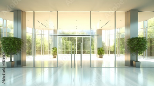 Blurred abstract background interior view looking out toward to empty office lobby and entrance doors and glass curtain Generative AI