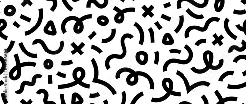 Abstract doodle squiggly lines seamless pattern. Black and white childish scribble repeating background. Childish shapes and curved wavy stripes wallpaper. Vector backdrop 