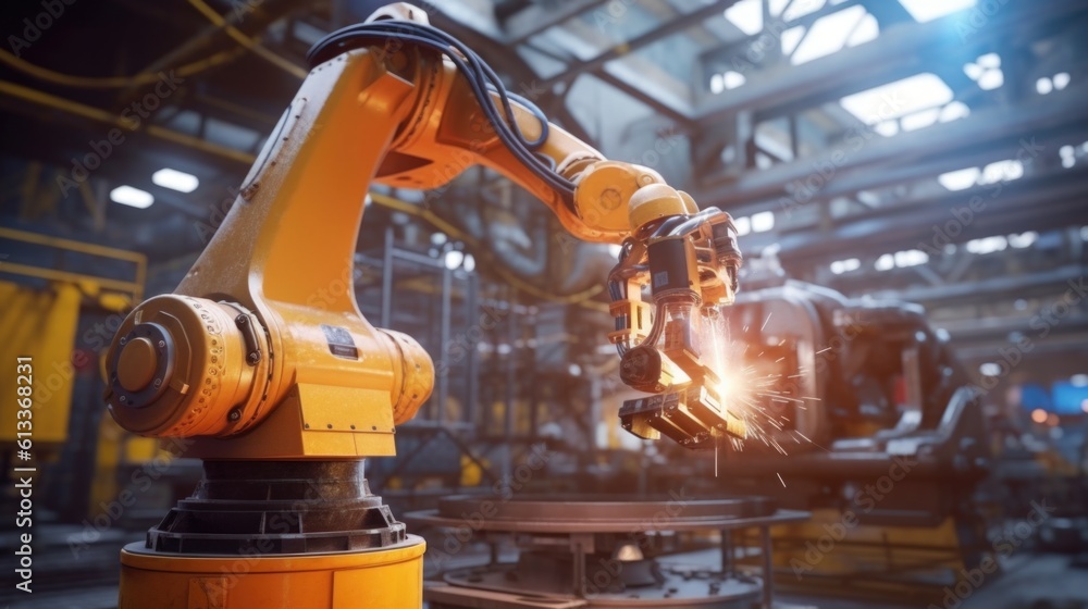 Industrial robot arm working at the production line. Advanced Robotic Automation in the Industrial Production Line: Intelligent Factory Technology and Smart Manufacturing Processes.