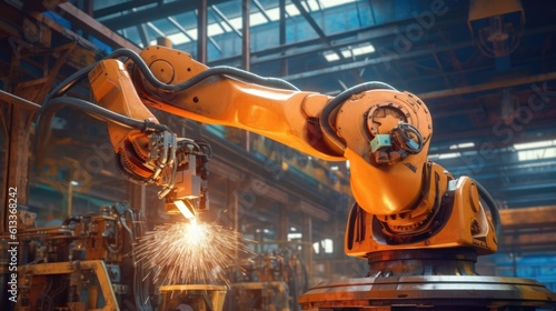 Industrial robot arm working at the production line. Advanced Robotic Automation in the Industrial Production Line: Intelligent Factory Technology and Smart Manufacturing Processes.